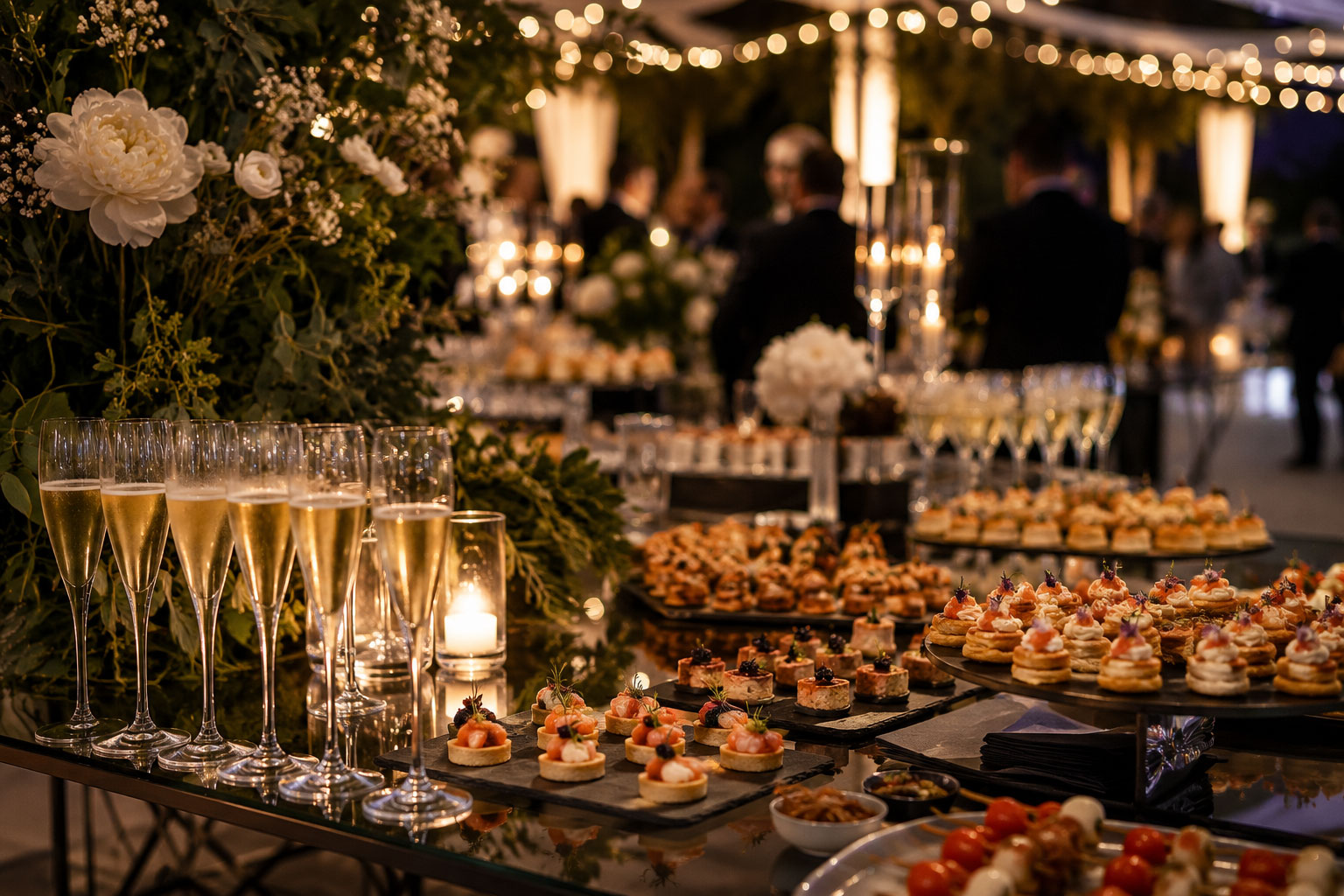 An elegant open bar for weddings, complete with wine glasses, soft lighting and finger food